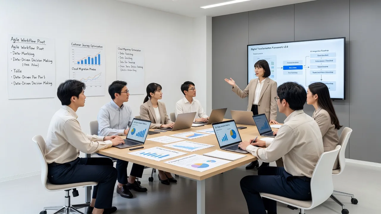 デジタル化の進め方について打ち合わせる企業担当者とコンサルタント
