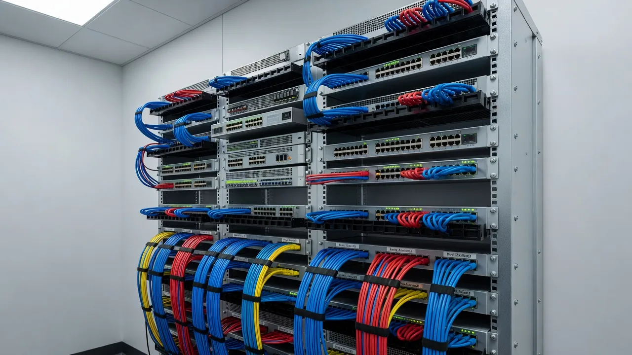 オフィスに設置されたネットワーク機器ラックの様子