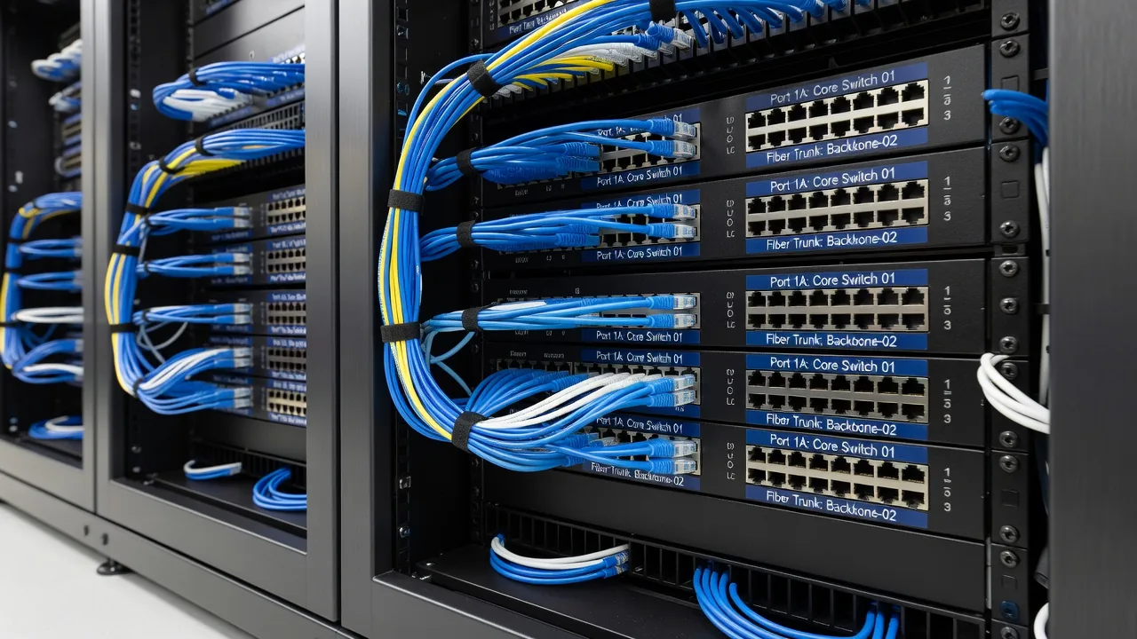 ネットワーク配線が整理された光ファイバーパッチパネル
