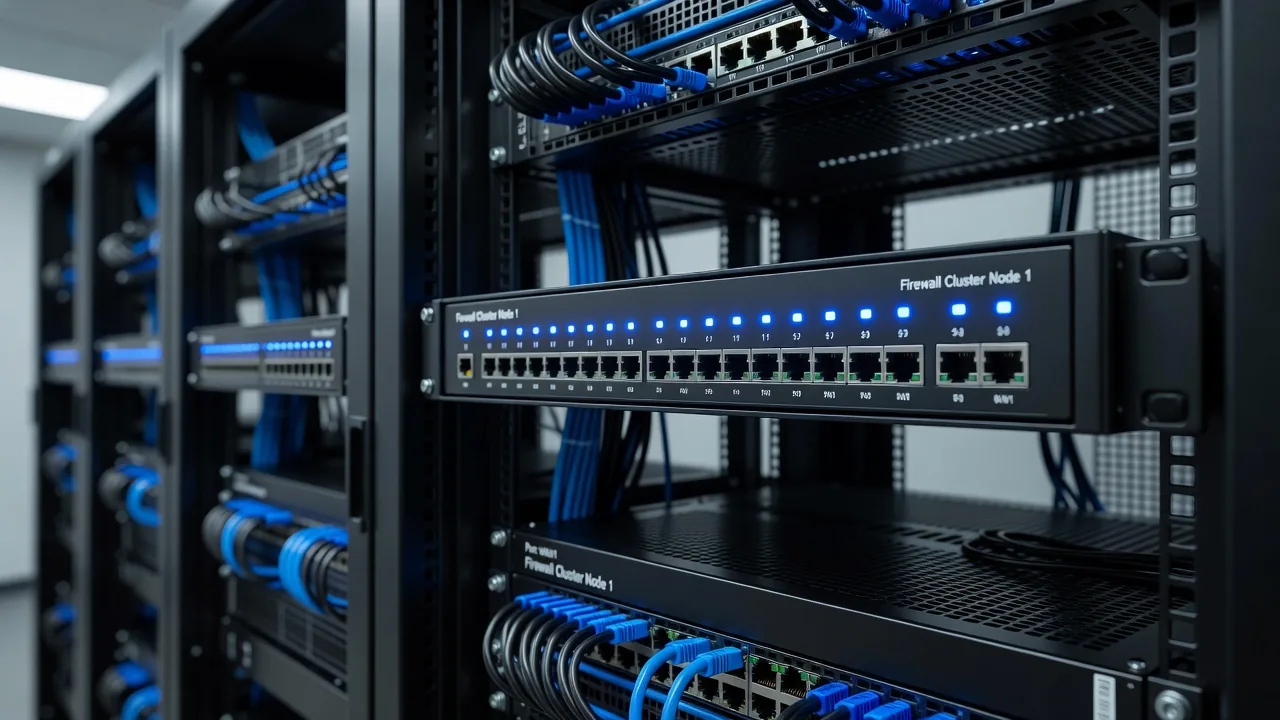 社内ネットワークに設置されたファイアウォール機器のラック
