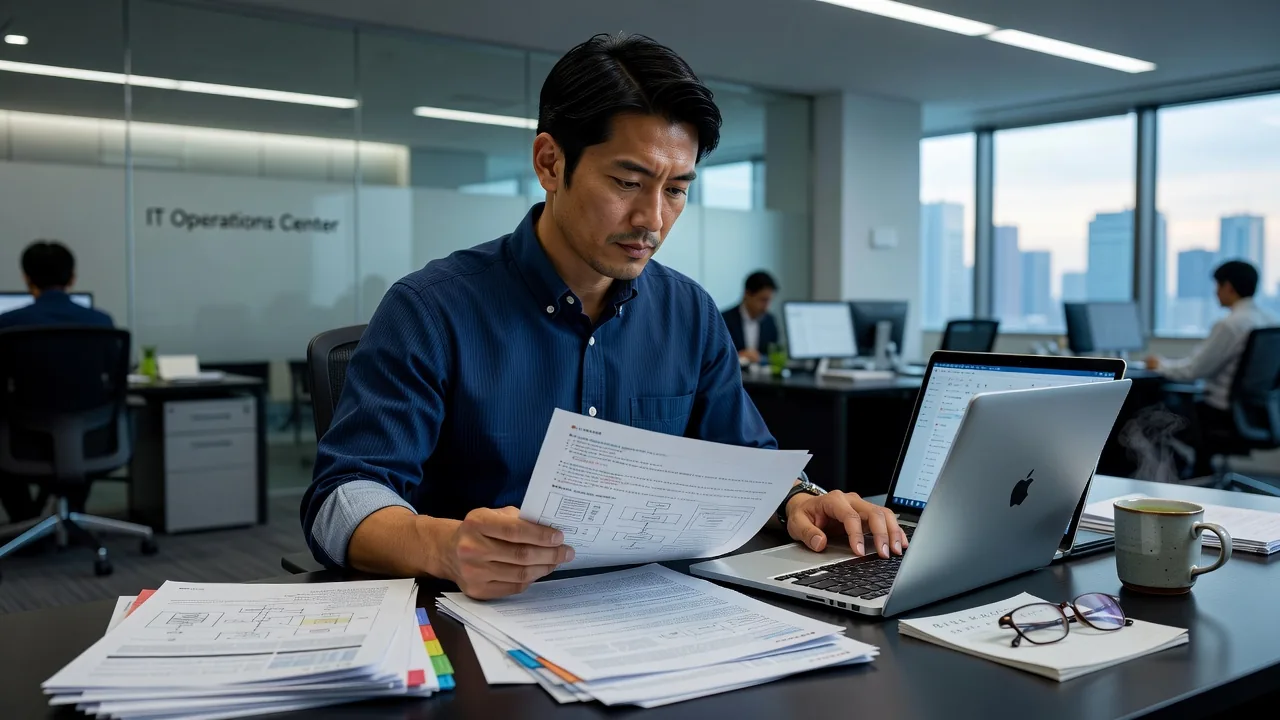 IT投資計画の資料を確認する情報システム担当者