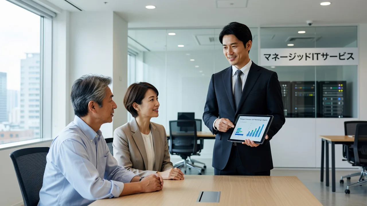タブレット端末でシステムの運用状況を確認するスタッフ