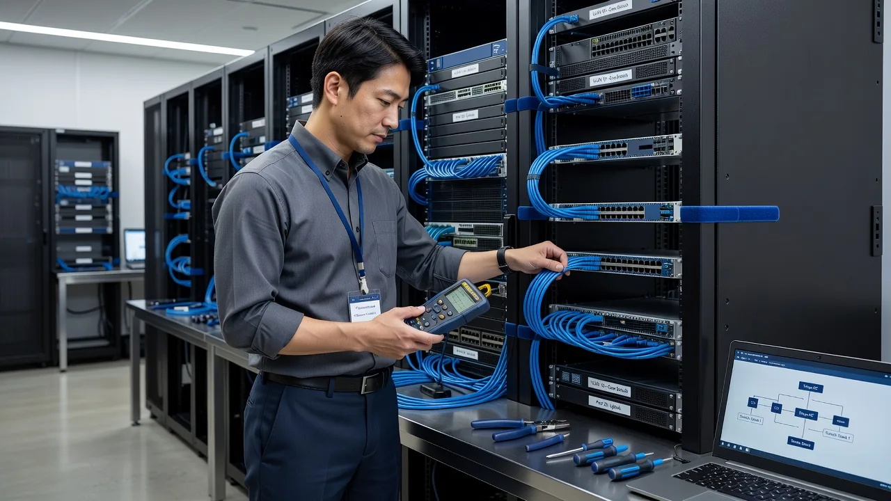 ネットワークエンジニアがLANケーブルの配線作業を行う様子